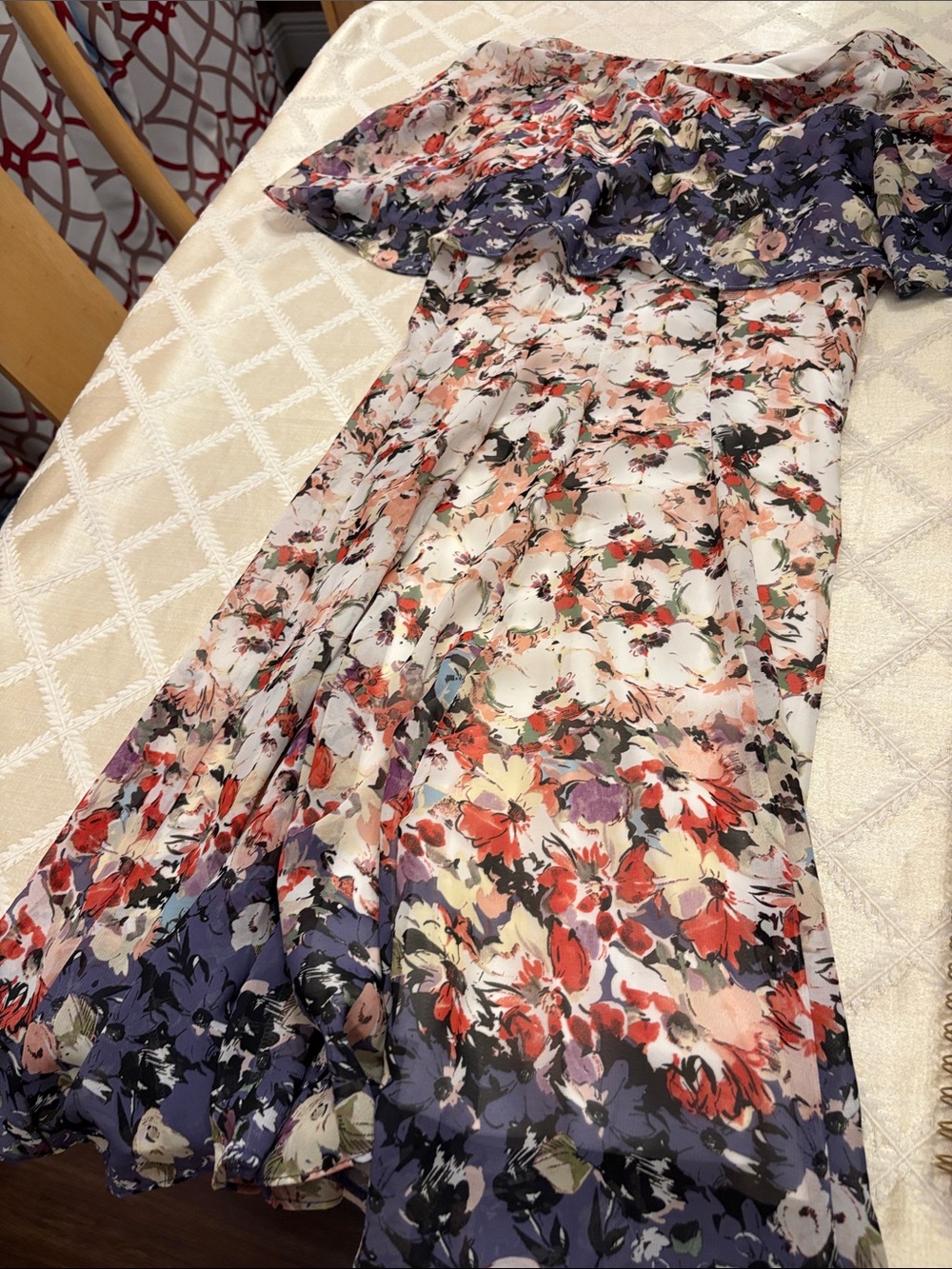 Gabby Skye print floral dress with attached cape.